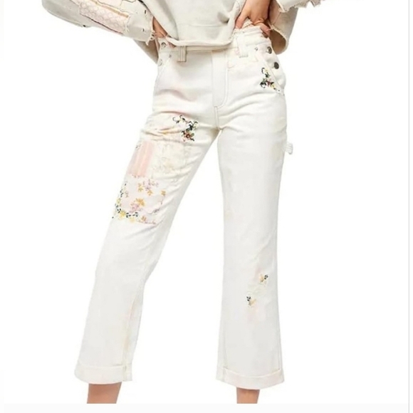 We The Free Love Alive Boyfriend Jeans Patchwork Dye Carpenter Pants Sz 28 - Picture 1 of 16